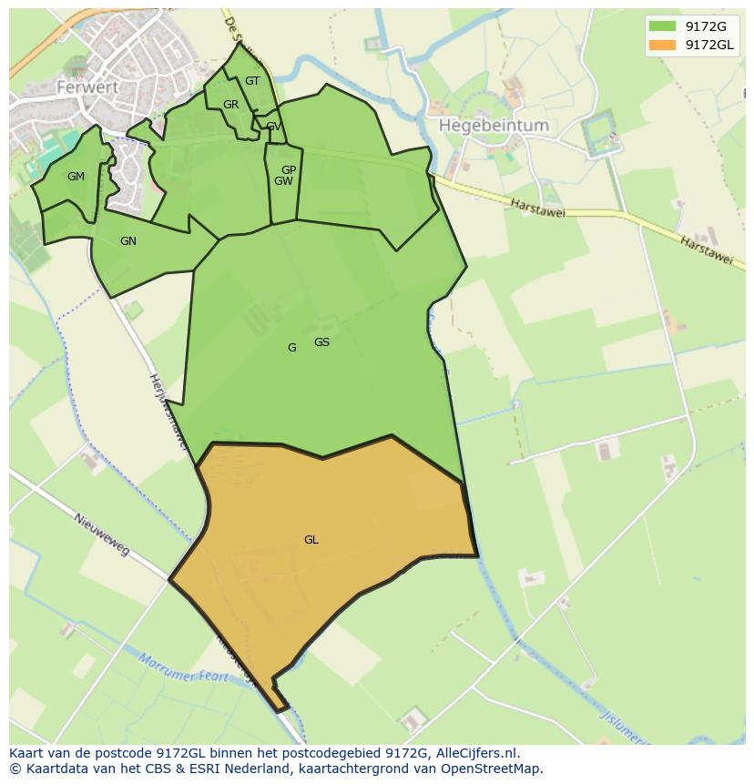 Afbeelding van het postcodegebied 9172 GL op de kaart.