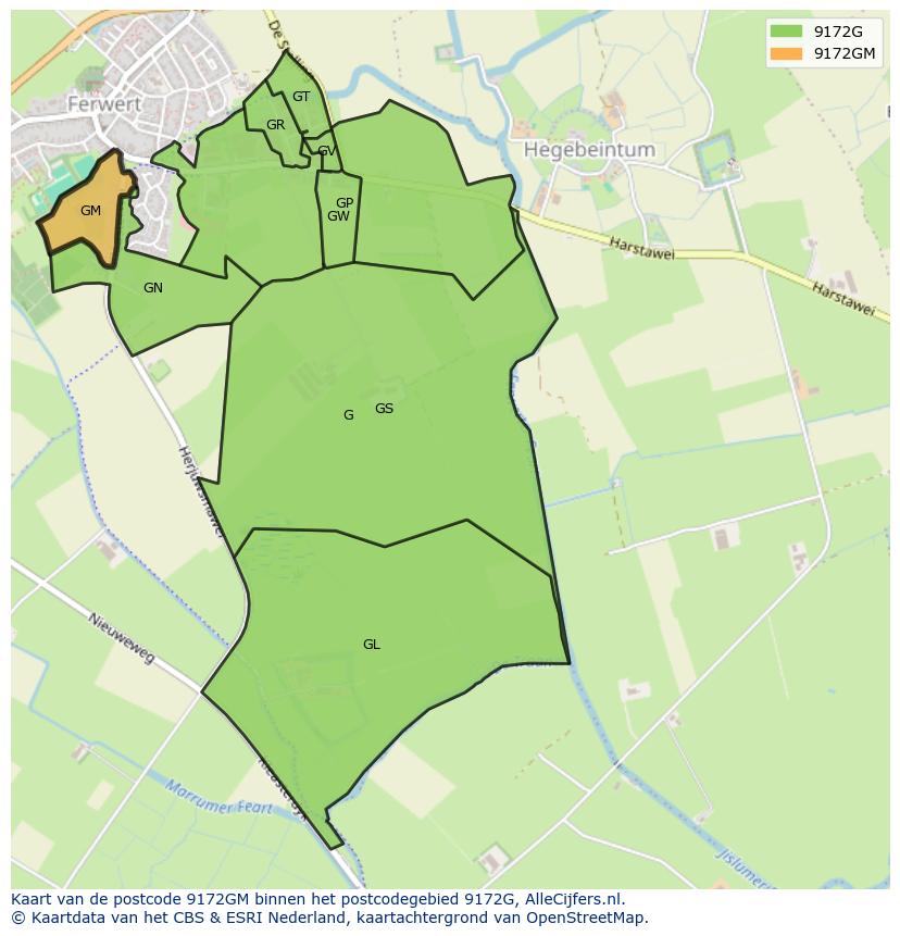 Afbeelding van het postcodegebied 9172 GM op de kaart.