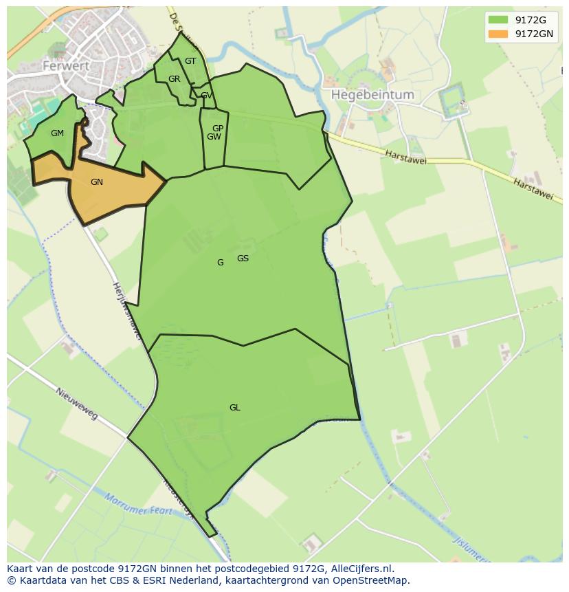 Afbeelding van het postcodegebied 9172 GN op de kaart.