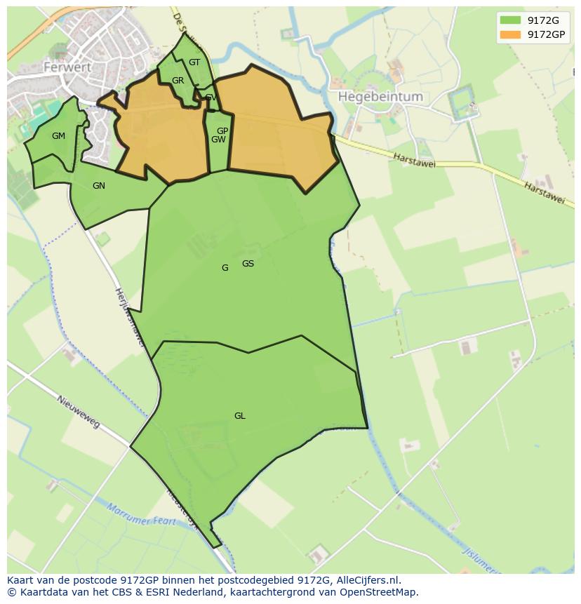 Afbeelding van het postcodegebied 9172 GP op de kaart.