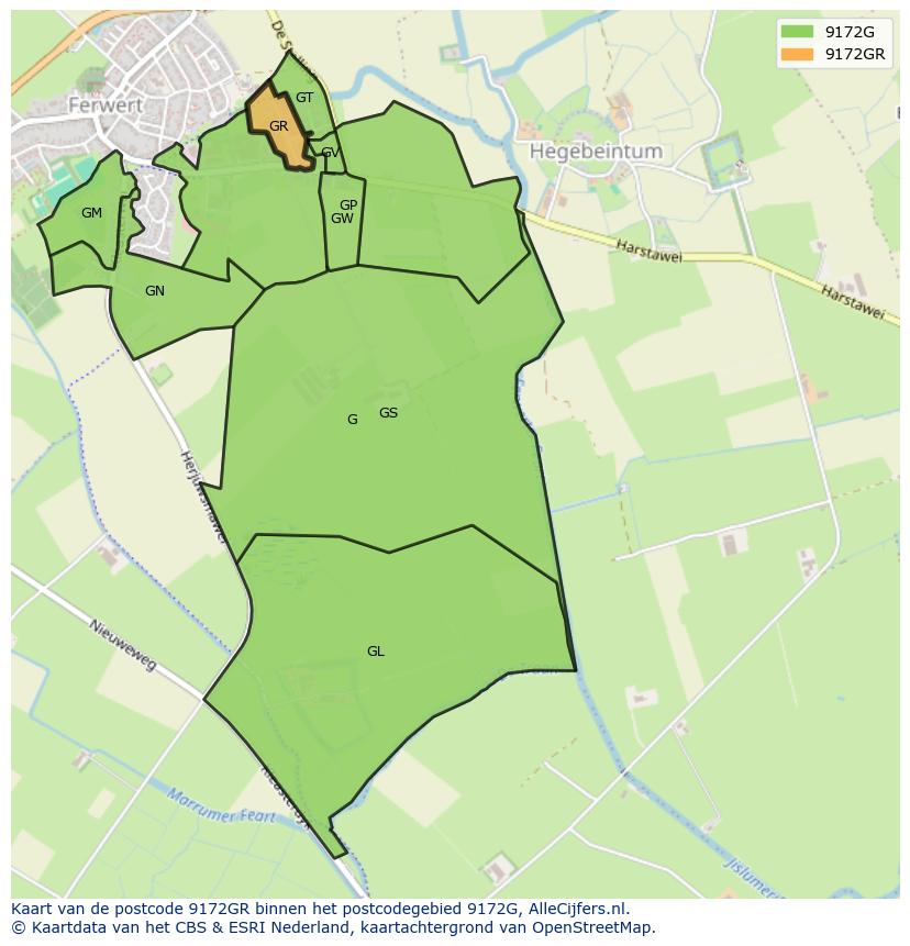 Afbeelding van het postcodegebied 9172 GR op de kaart.