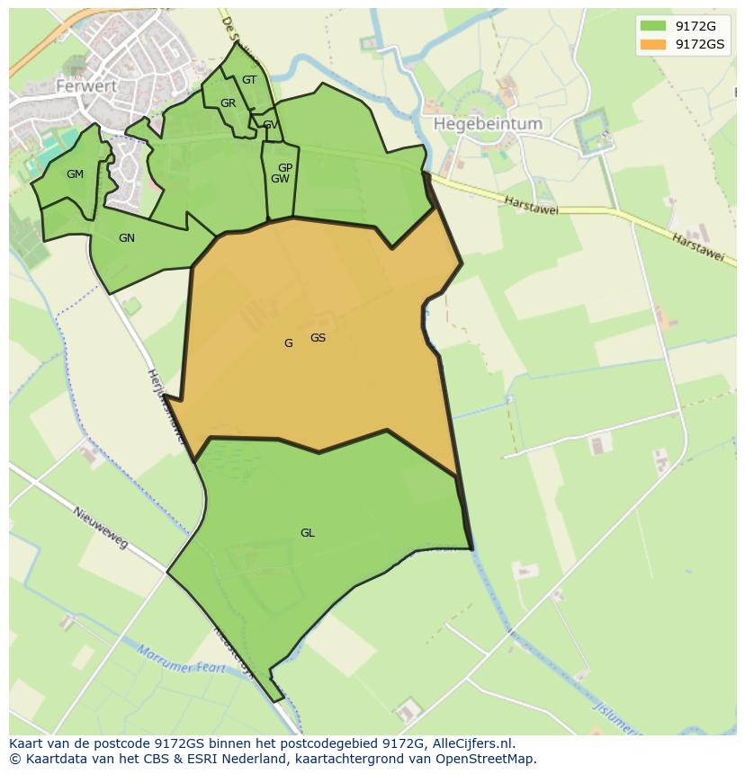 Afbeelding van het postcodegebied 9172 GS op de kaart.
