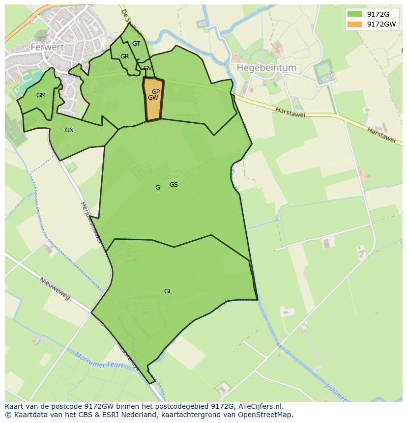 Afbeelding van het postcodegebied 9172 GW op de kaart.