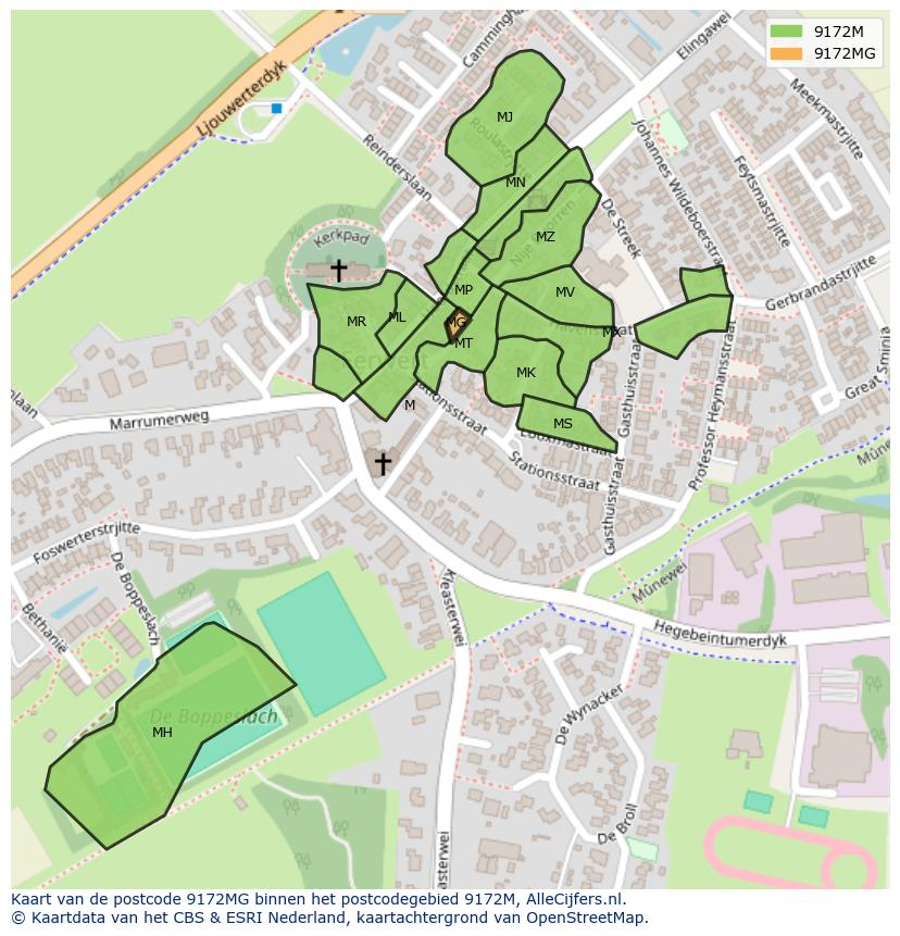 Afbeelding van het postcodegebied 9172 MG op de kaart.