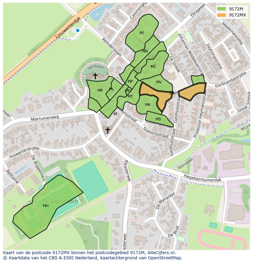 Afbeelding van het postcodegebied 9172 MX op de kaart.