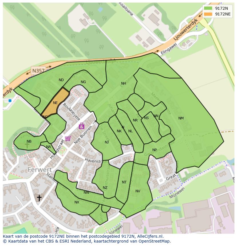 Afbeelding van het postcodegebied 9172 NE op de kaart.