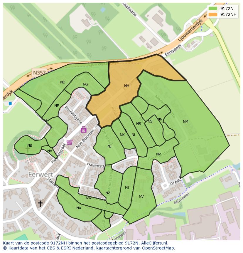 Afbeelding van het postcodegebied 9172 NH op de kaart.