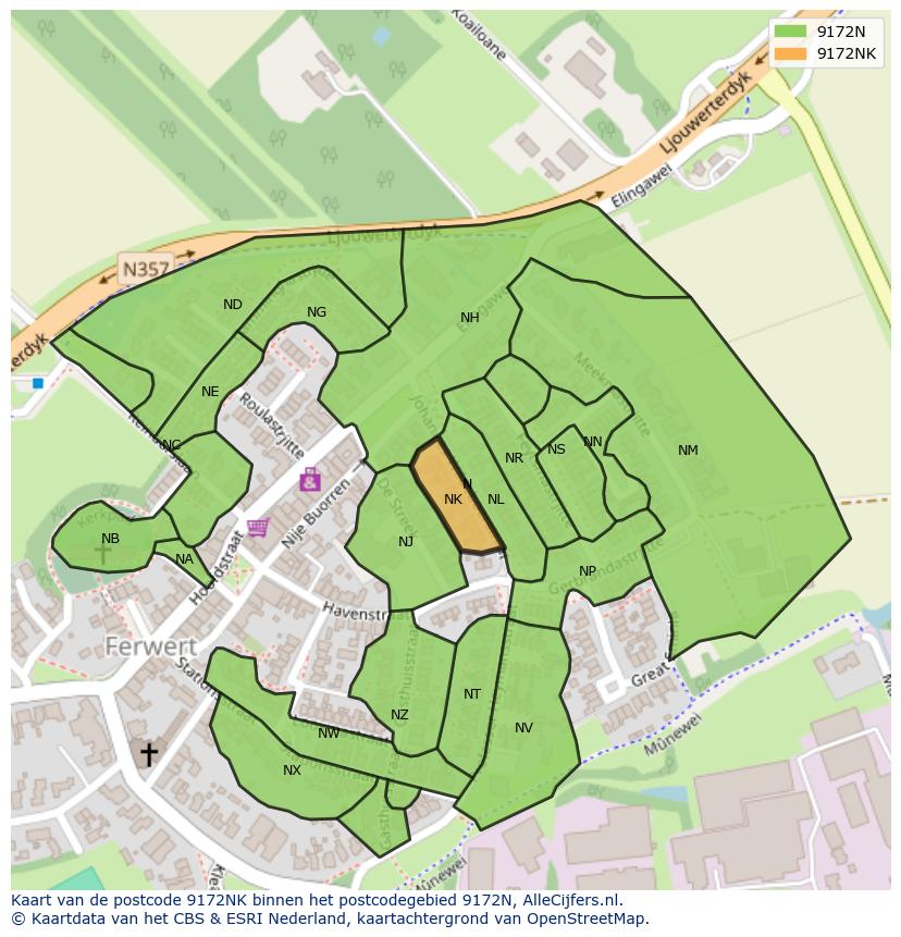 Afbeelding van het postcodegebied 9172 NK op de kaart.