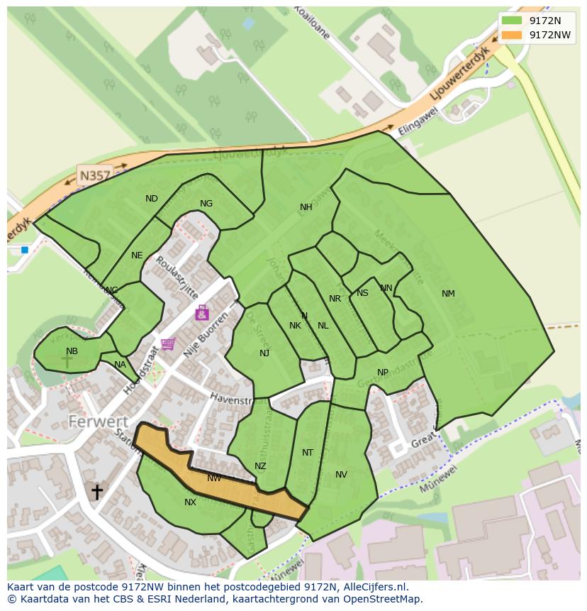 Afbeelding van het postcodegebied 9172 NW op de kaart.
