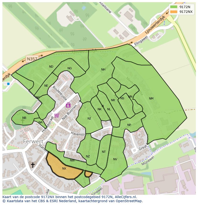 Afbeelding van het postcodegebied 9172 NX op de kaart.