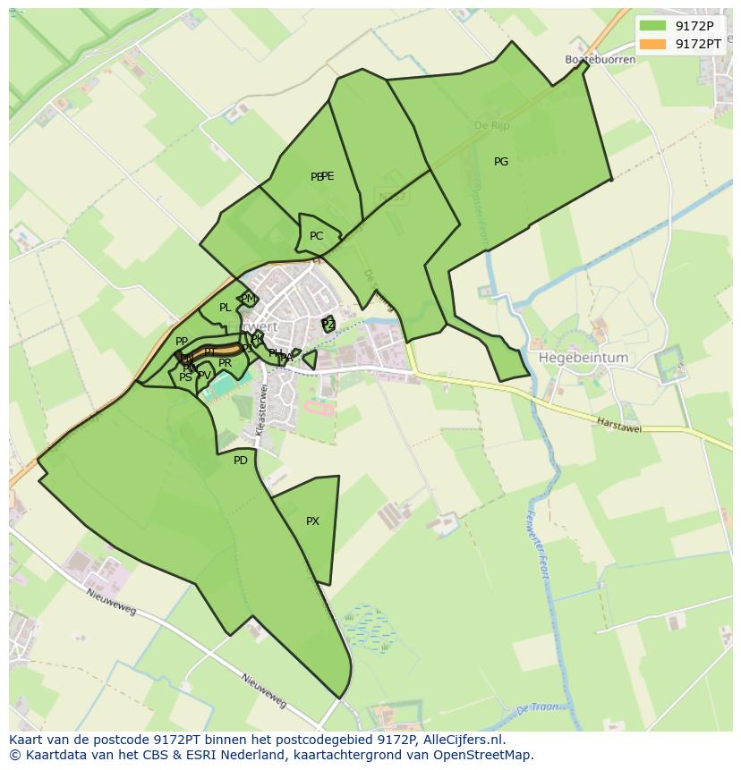 Afbeelding van het postcodegebied 9172 PT op de kaart.