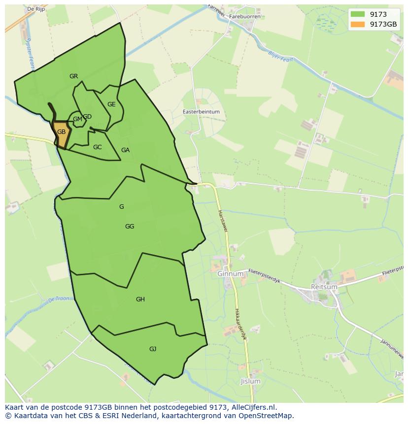 Afbeelding van het postcodegebied 9173 GB op de kaart.