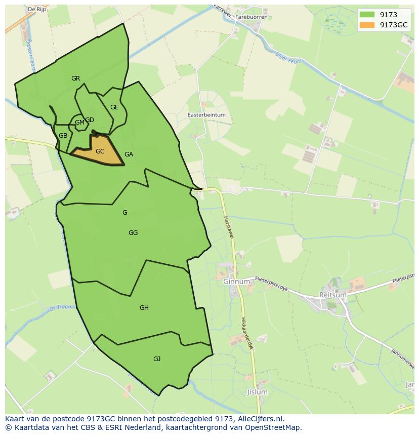 Afbeelding van het postcodegebied 9173 GC op de kaart.