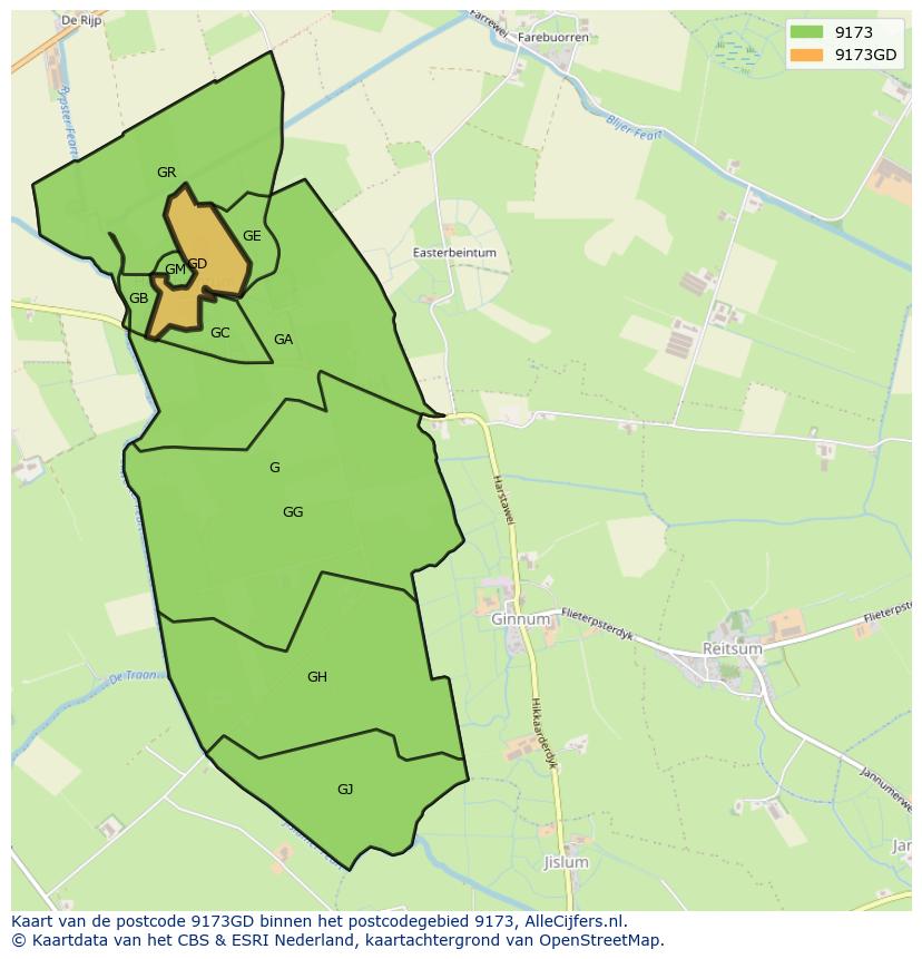 Afbeelding van het postcodegebied 9173 GD op de kaart.