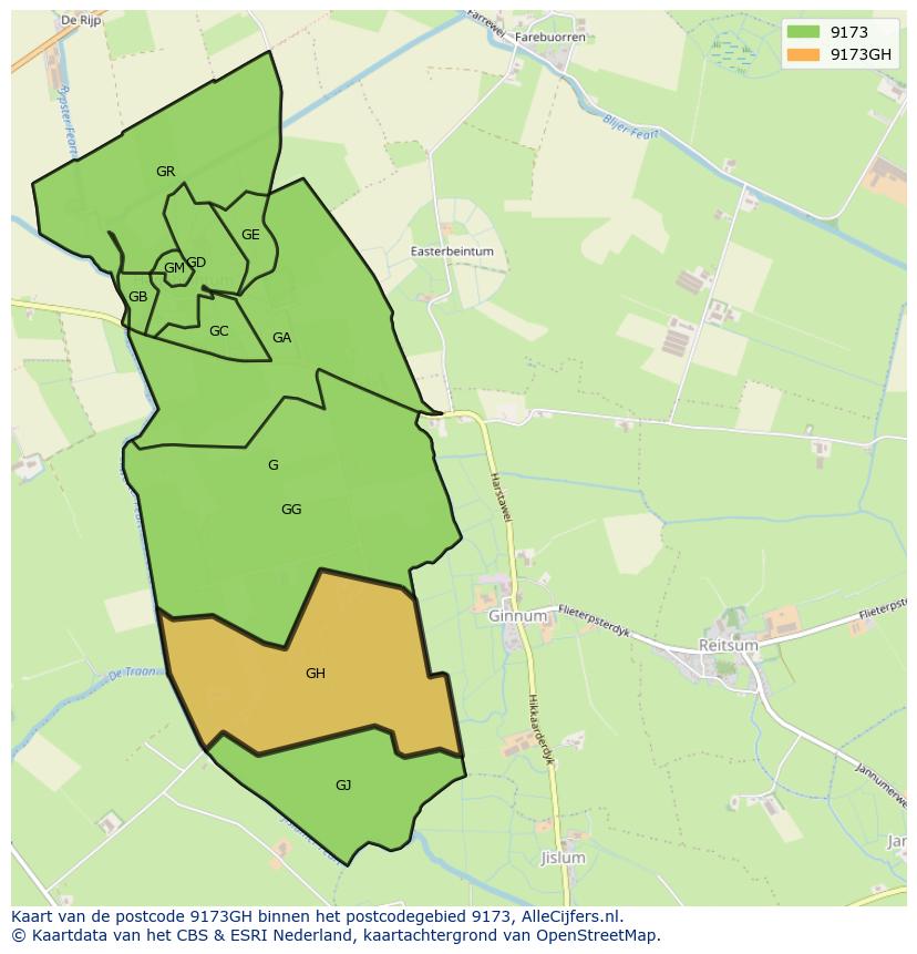 Afbeelding van het postcodegebied 9173 GH op de kaart.