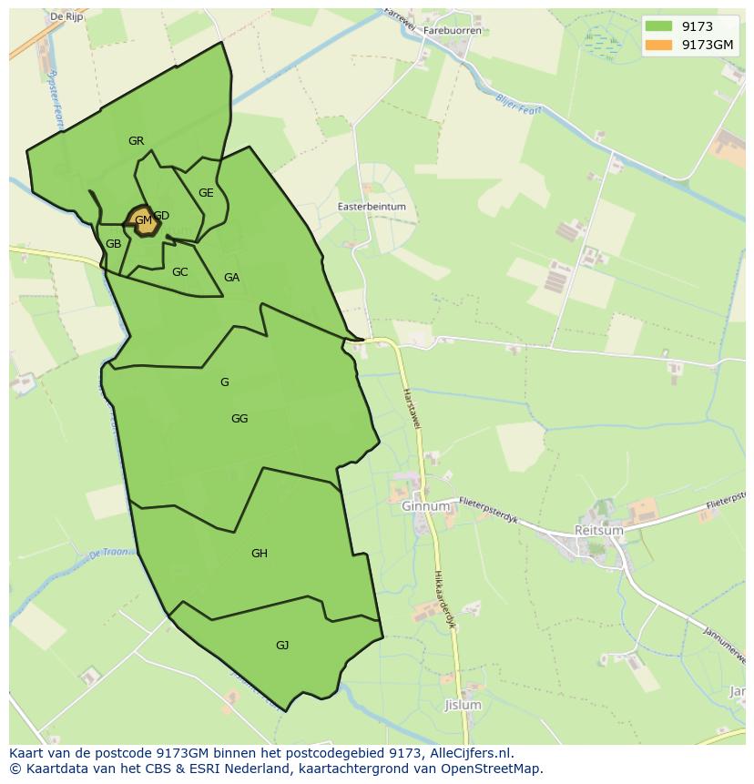 Afbeelding van het postcodegebied 9173 GM op de kaart.
