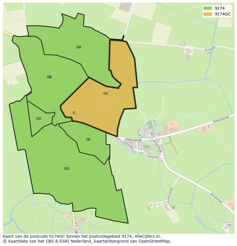 Afbeelding van het postcodegebied 9174 GC op de kaart.