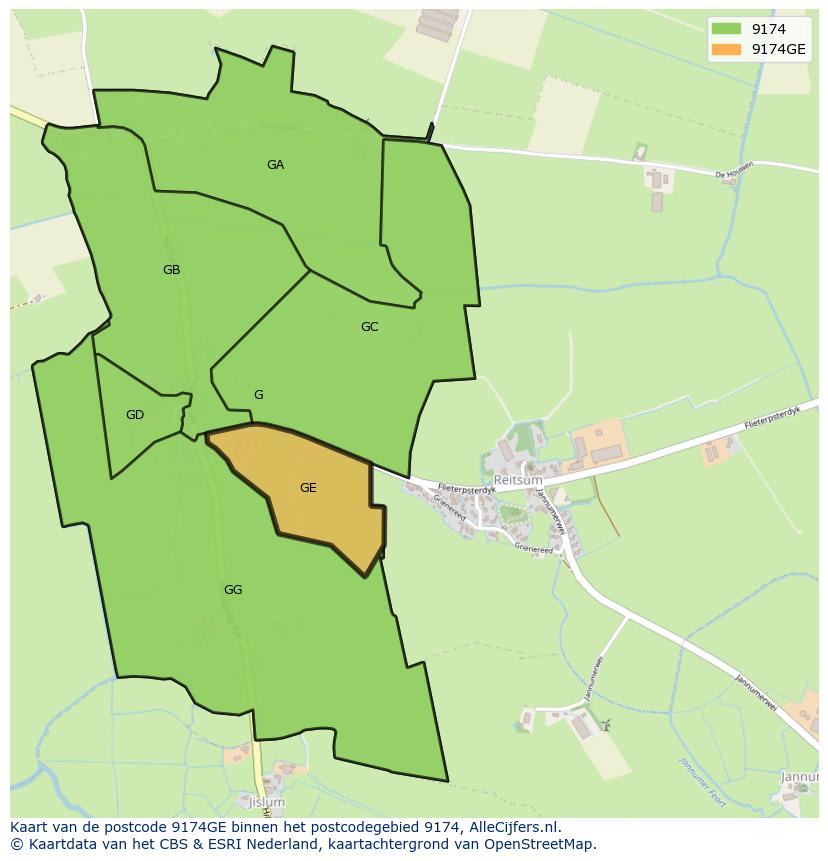 Afbeelding van het postcodegebied 9174 GE op de kaart.