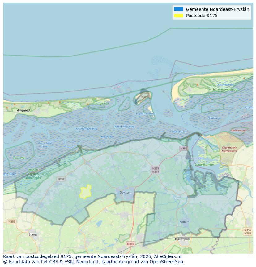 Afbeelding van het postcodegebied 9175 op de kaart.
