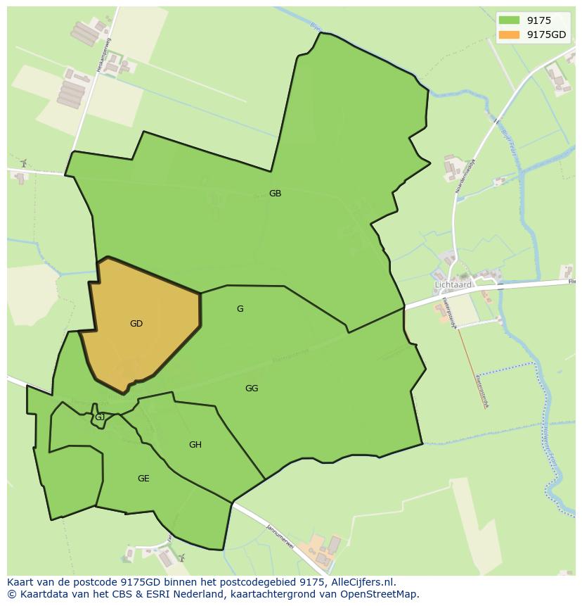 Afbeelding van het postcodegebied 9175 GD op de kaart.