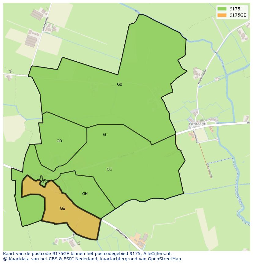 Afbeelding van het postcodegebied 9175 GE op de kaart.
