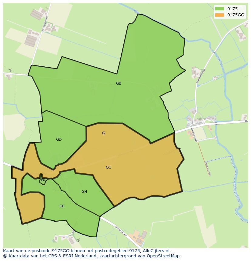 Afbeelding van het postcodegebied 9175 GG op de kaart.