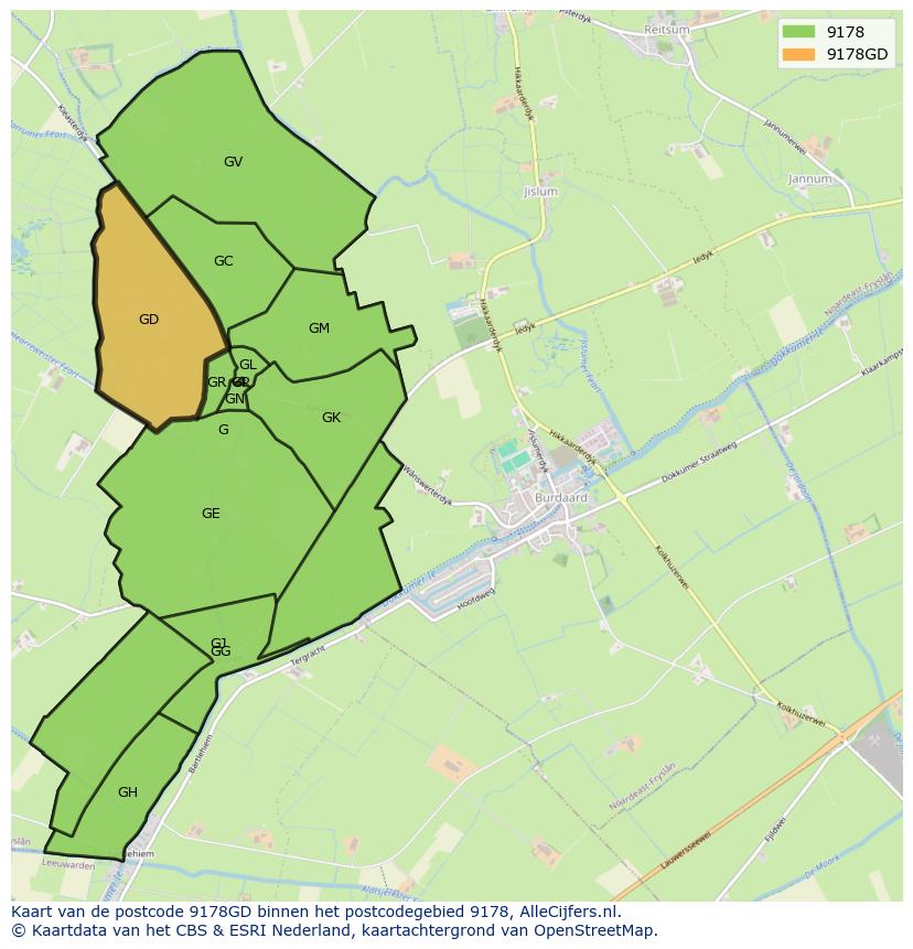 Afbeelding van het postcodegebied 9178 GD op de kaart.