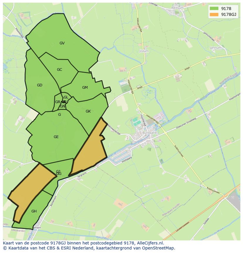Afbeelding van het postcodegebied 9178 GJ op de kaart.