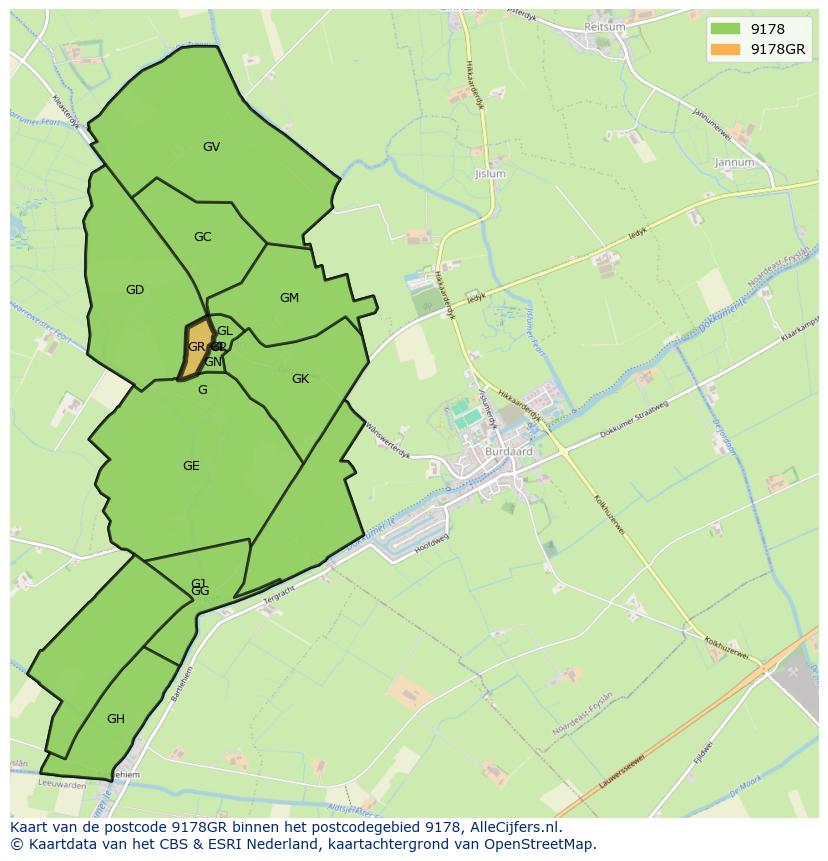 Afbeelding van het postcodegebied 9178 GR op de kaart.