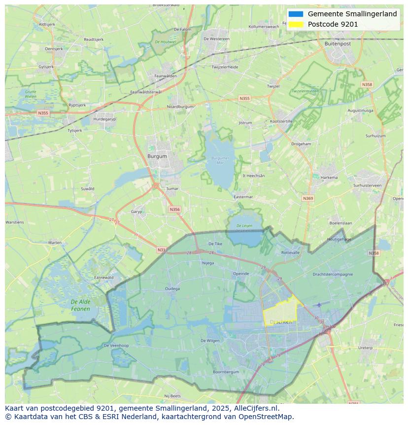 Afbeelding van het postcodegebied 9201 op de kaart.