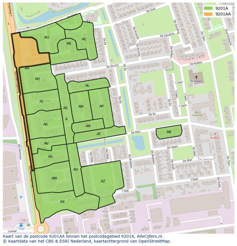 Afbeelding van het postcodegebied 9201 AA op de kaart.