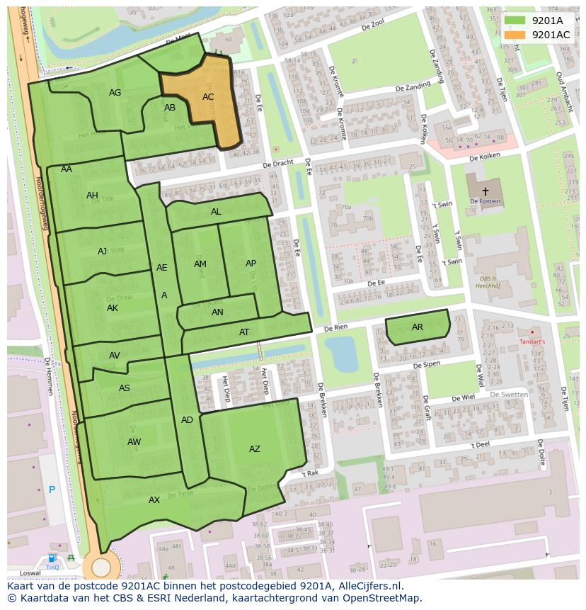 Afbeelding van het postcodegebied 9201 AC op de kaart.