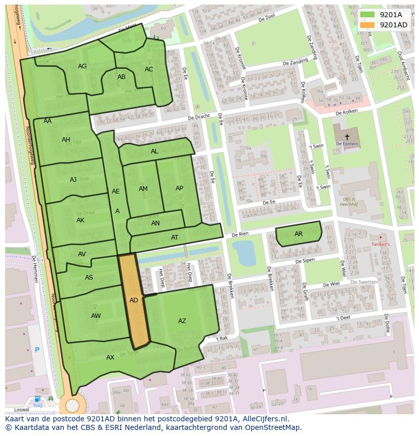 Afbeelding van het postcodegebied 9201 AD op de kaart.