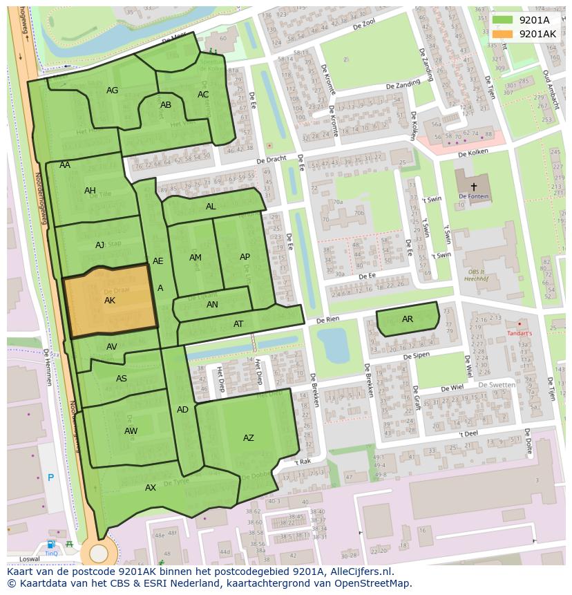 Afbeelding van het postcodegebied 9201 AK op de kaart.