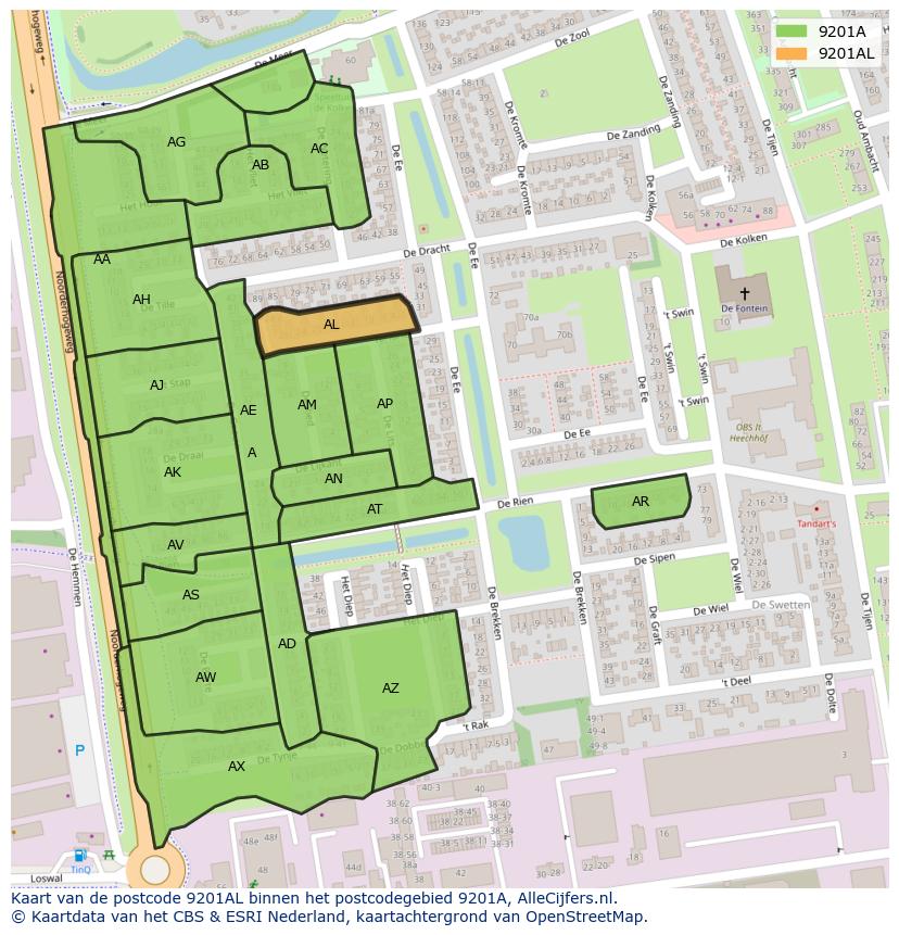 Afbeelding van het postcodegebied 9201 AL op de kaart.