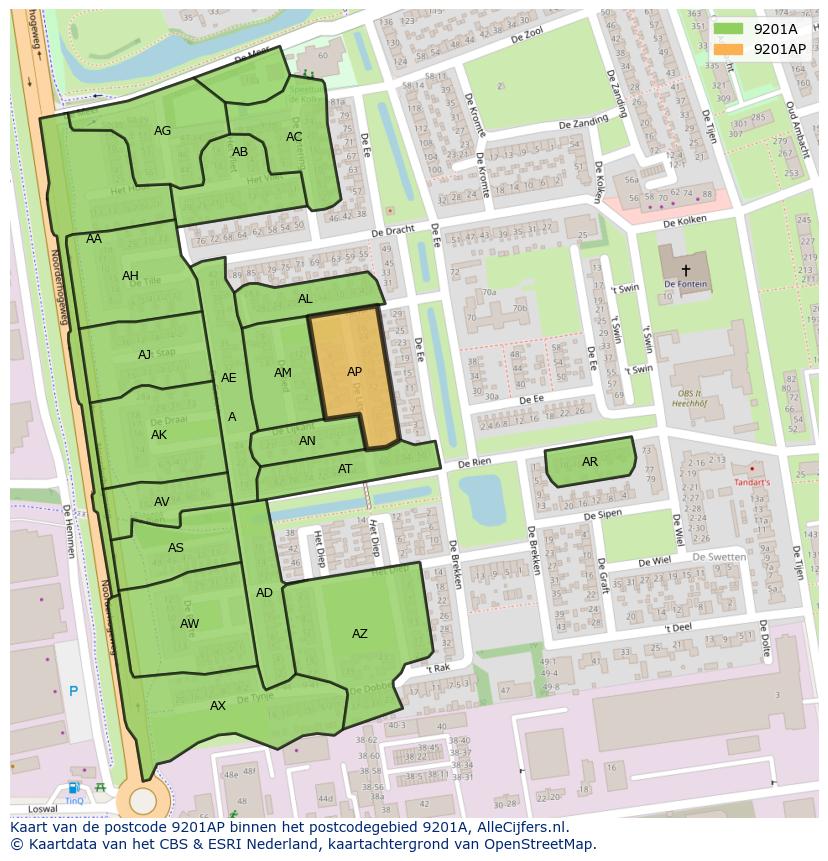 Afbeelding van het postcodegebied 9201 AP op de kaart.