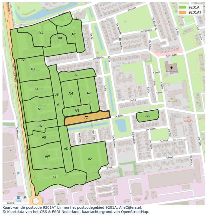 Afbeelding van het postcodegebied 9201 AT op de kaart.