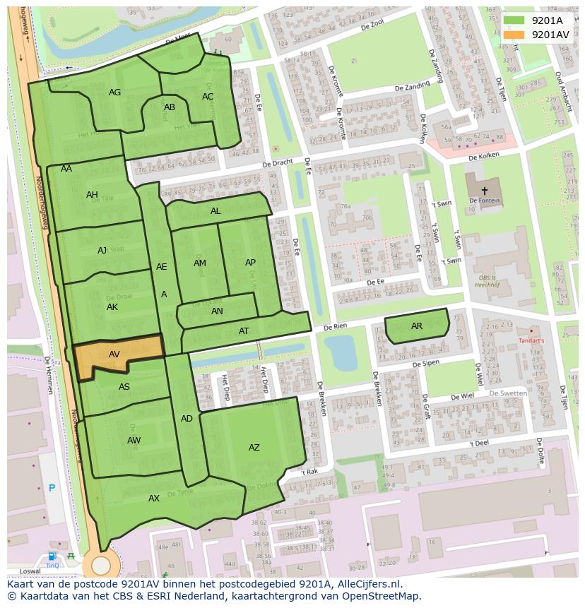 Afbeelding van het postcodegebied 9201 AV op de kaart.