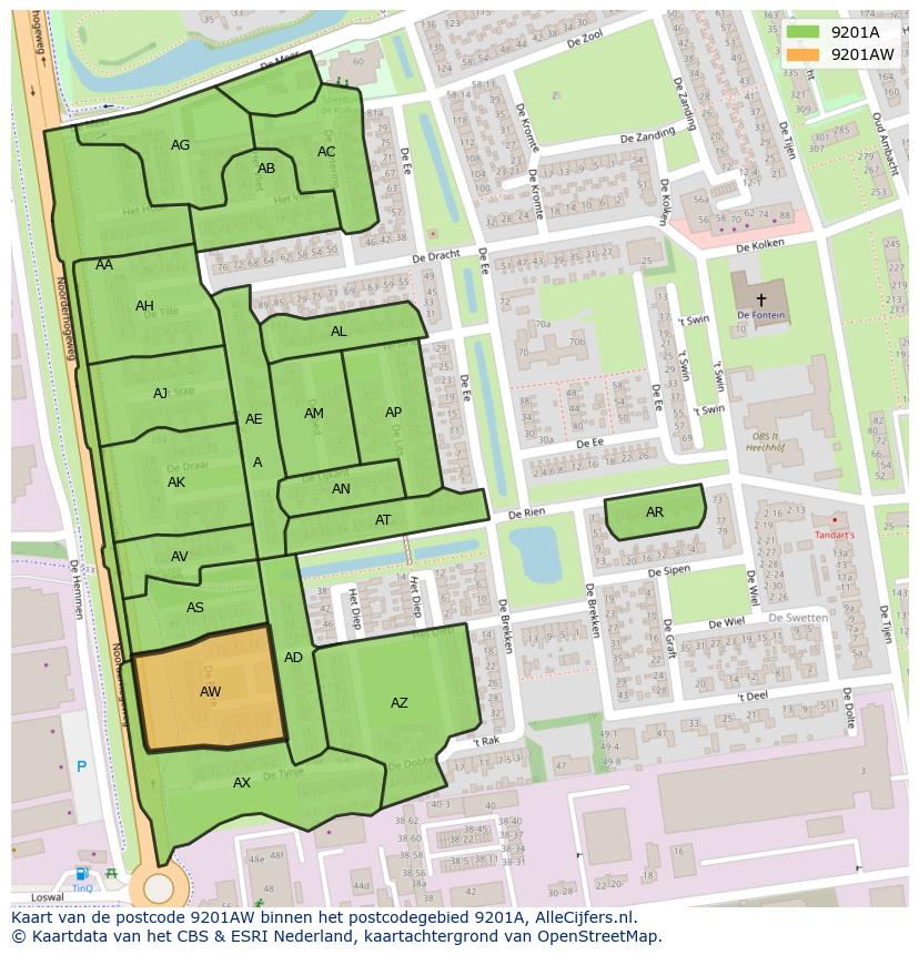 Afbeelding van het postcodegebied 9201 AW op de kaart.