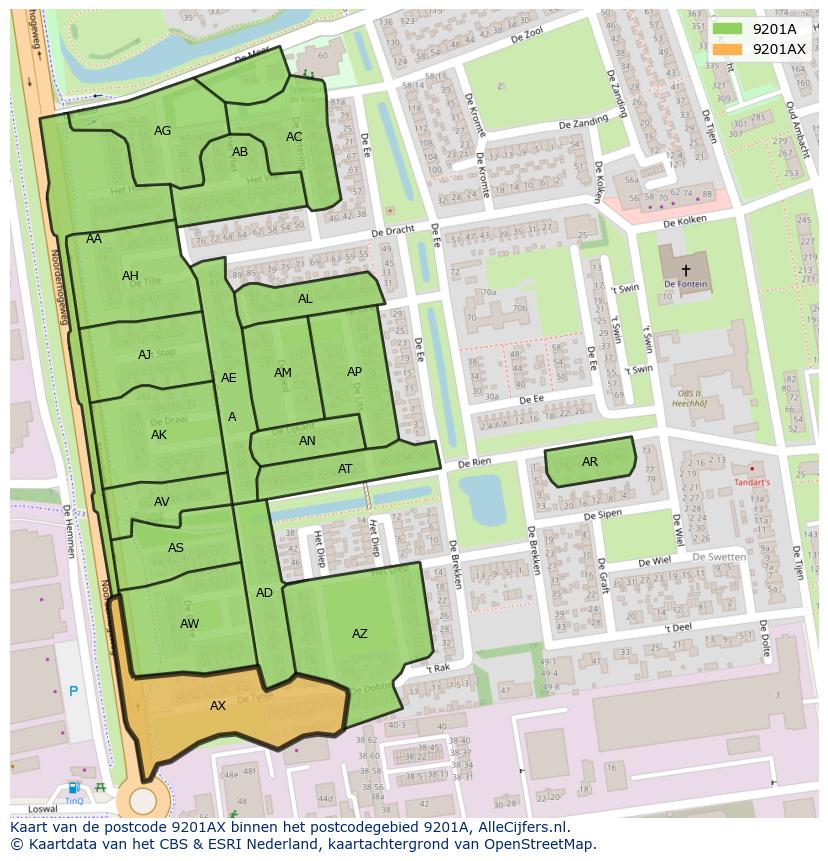 Afbeelding van het postcodegebied 9201 AX op de kaart.
