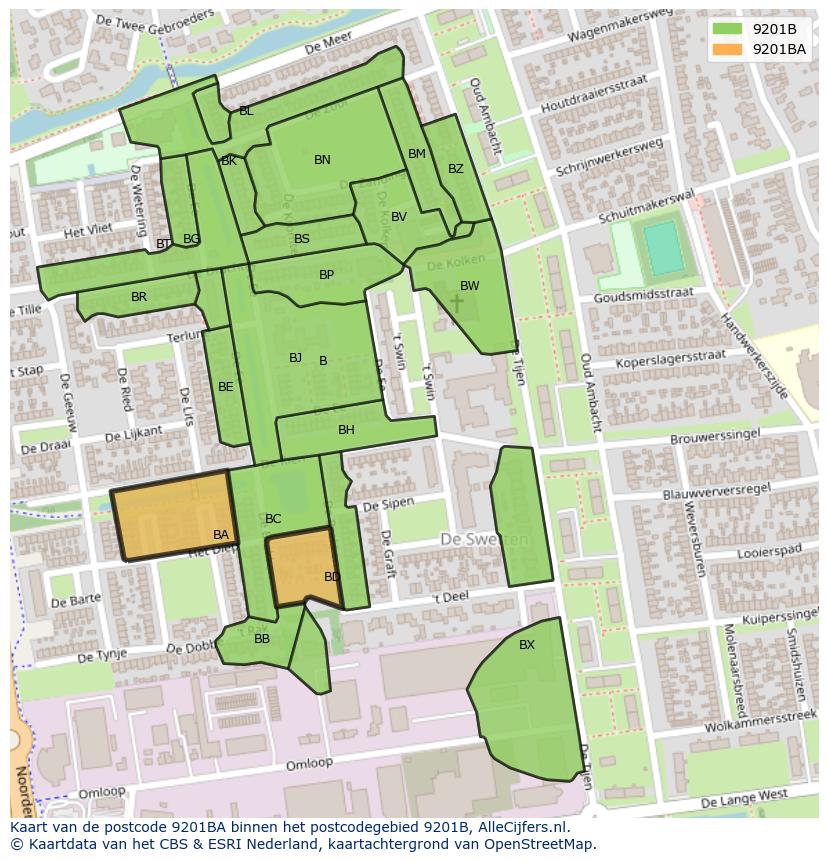 Afbeelding van het postcodegebied 9201 BA op de kaart.