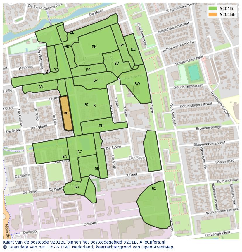 Afbeelding van het postcodegebied 9201 BE op de kaart.