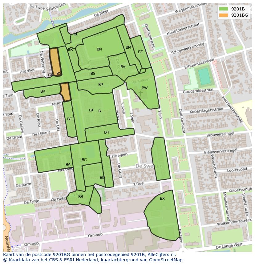 Afbeelding van het postcodegebied 9201 BG op de kaart.