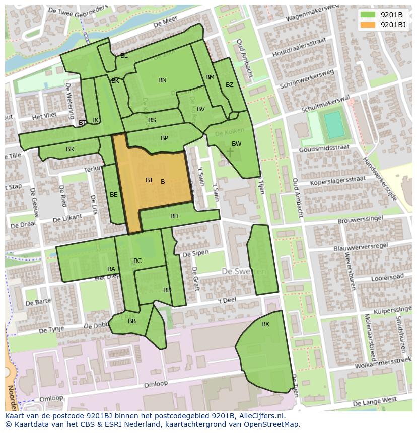 Afbeelding van het postcodegebied 9201 BJ op de kaart.