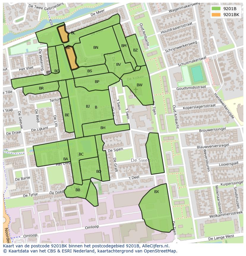 Afbeelding van het postcodegebied 9201 BK op de kaart.