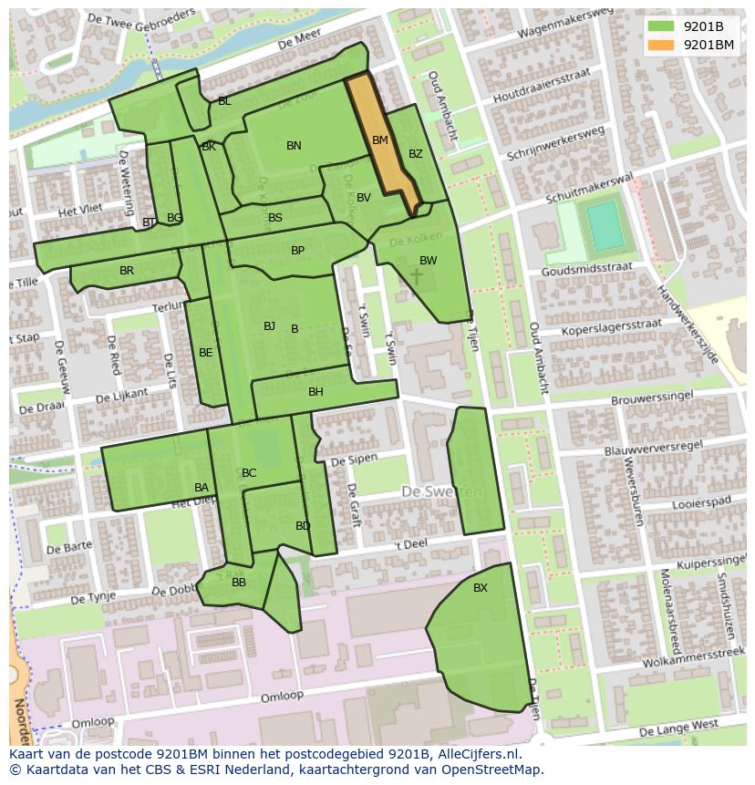 Afbeelding van het postcodegebied 9201 BM op de kaart.