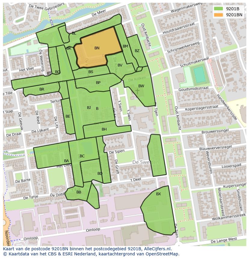Afbeelding van het postcodegebied 9201 BN op de kaart.