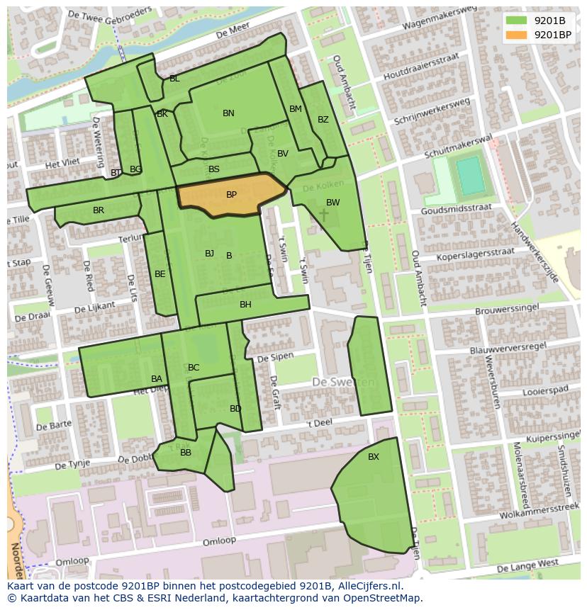 Afbeelding van het postcodegebied 9201 BP op de kaart.