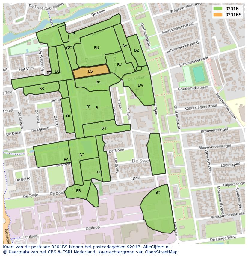 Afbeelding van het postcodegebied 9201 BS op de kaart.
