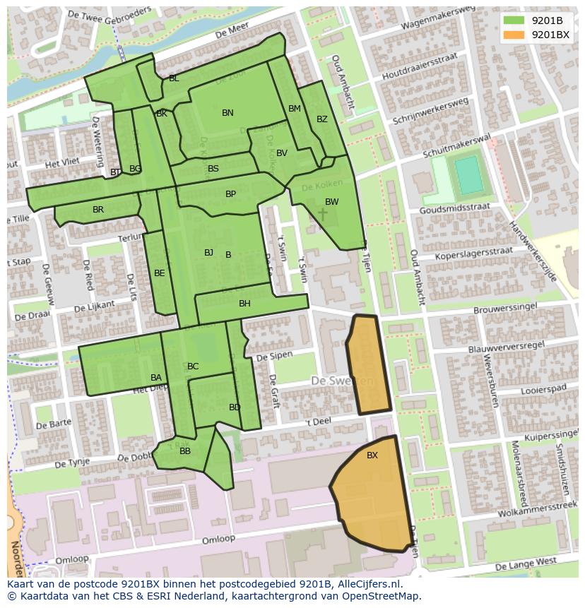 Afbeelding van het postcodegebied 9201 BX op de kaart.